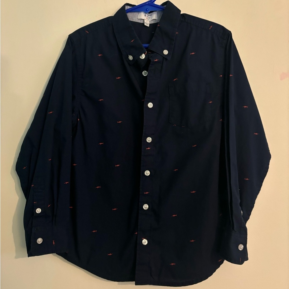 Crown & Ivy Kids Boys Sz 7 Navy Blue Woven Button Down Red Swordfish Cotton Poly
